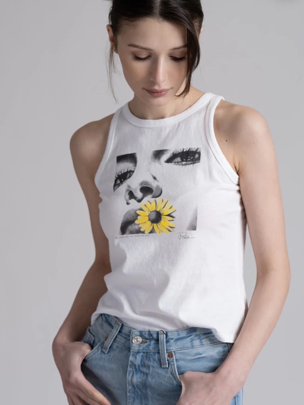 CPress Studio “He Loves Me He Loves Me Not” Brody Tank White Graphic Top LARGE